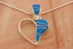 Navajo Artist Calvin Begay Fire and Ice Blue Opal Sterling Silver Heart Pendant